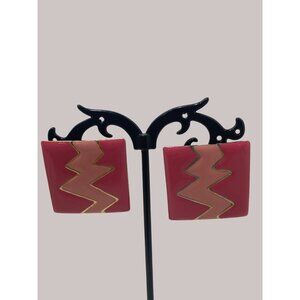 Retro Geometric Gold & Pink Color-Block Clip-On Earrings